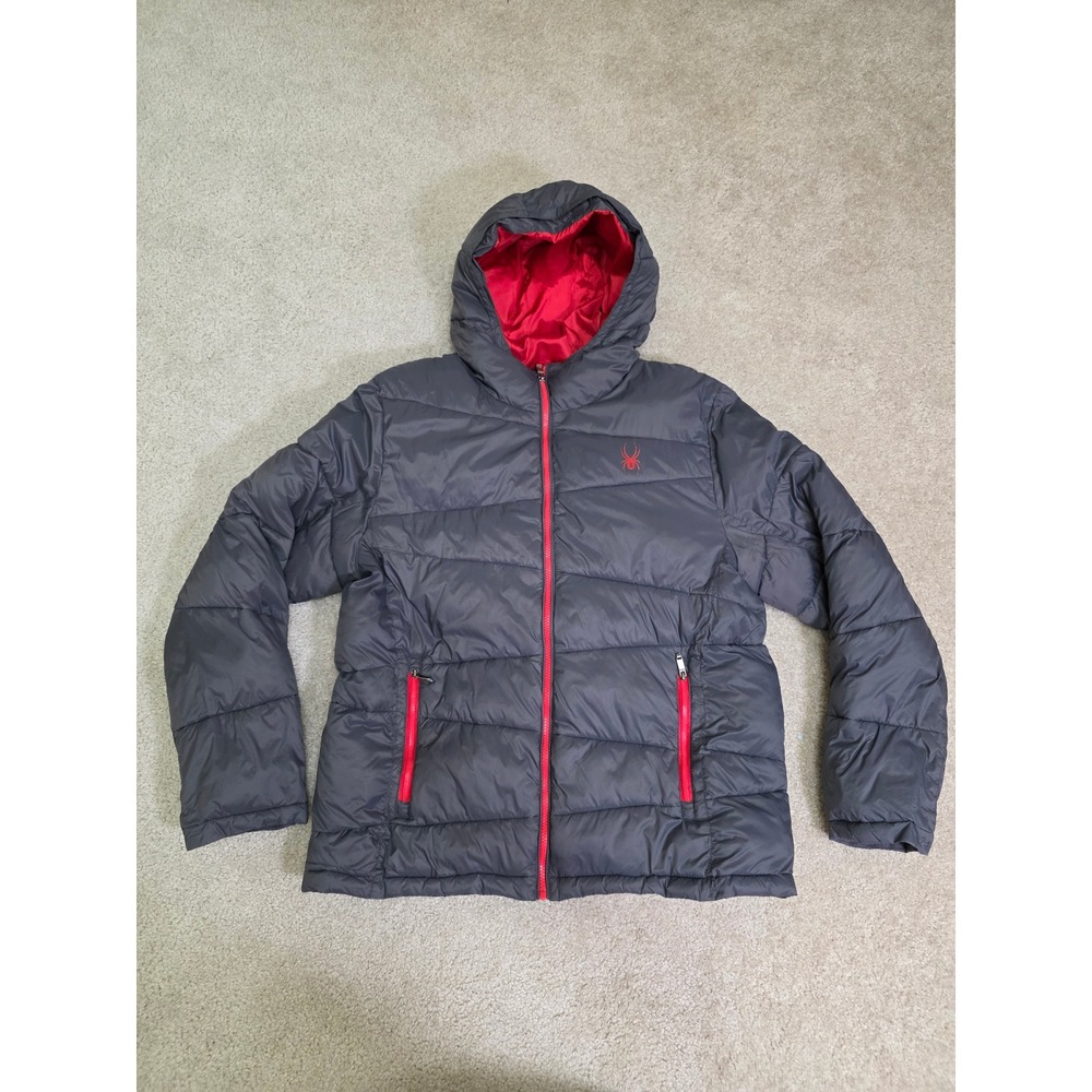 Spyder Mens Puffer Jacket Charcoal Gray Red Hooded Insulated Full Zip Coat L